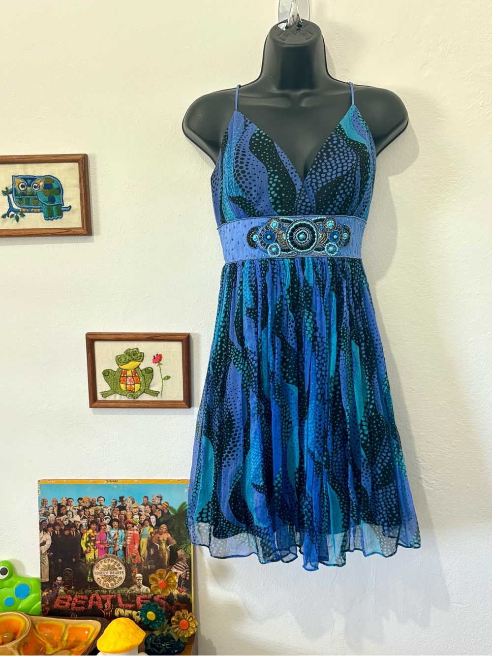 Y2K Blue & Teal Beaded Waist Fairycore V-Neck Spaghetti Strap Dress